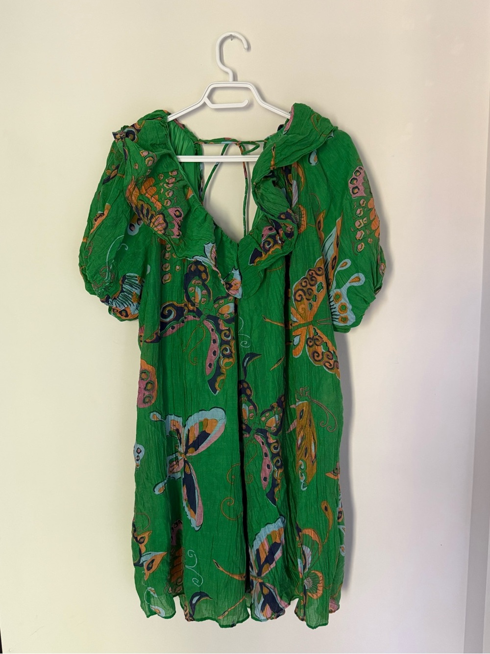 H&M V-neck Balloon-sleeved Butterfly Dress green tie back ruffle neckline Sz S